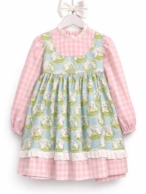 Rare Vintage Joni Girls Pink Gingham Scenic Storybook Dress Lace Bow